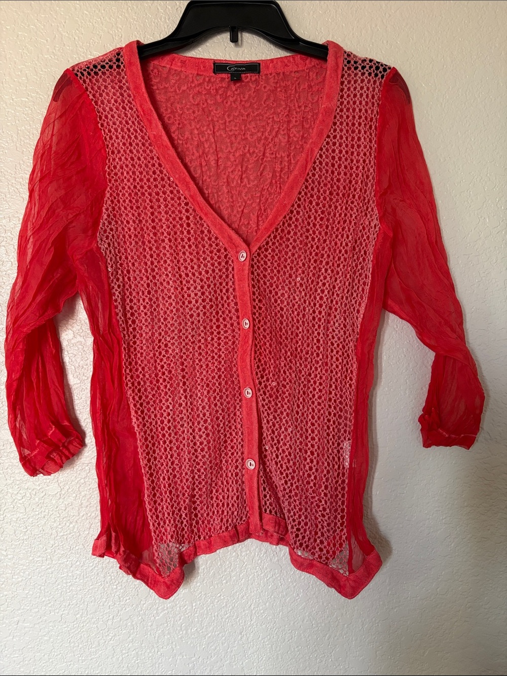 Red Sheer Knit Button-Front Women’s Top
